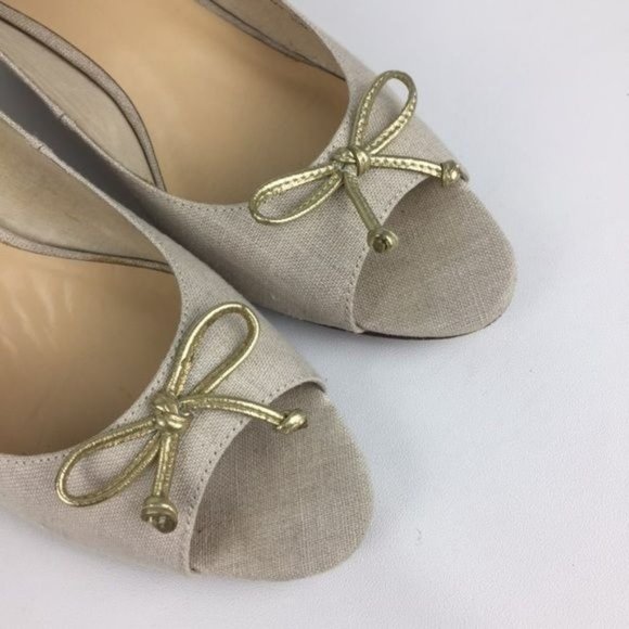 Kate Spade Womens Linen Peep Toe Wedge Heels Beige Cream Shoes Gold Bow size 10 - Picture 9 of 15